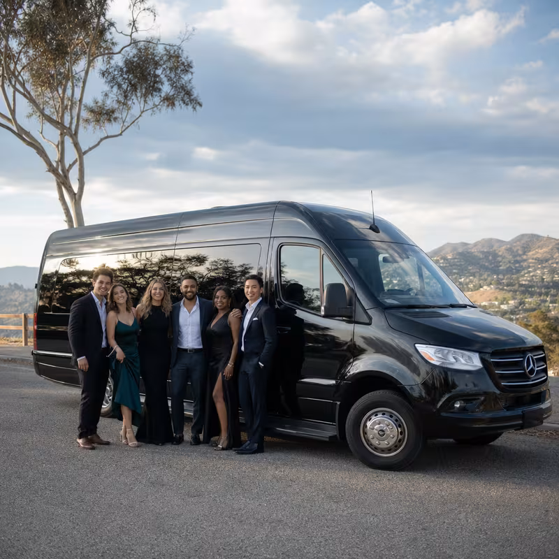 Group beside a Mercedes Sprinter limo from the Orange fleet