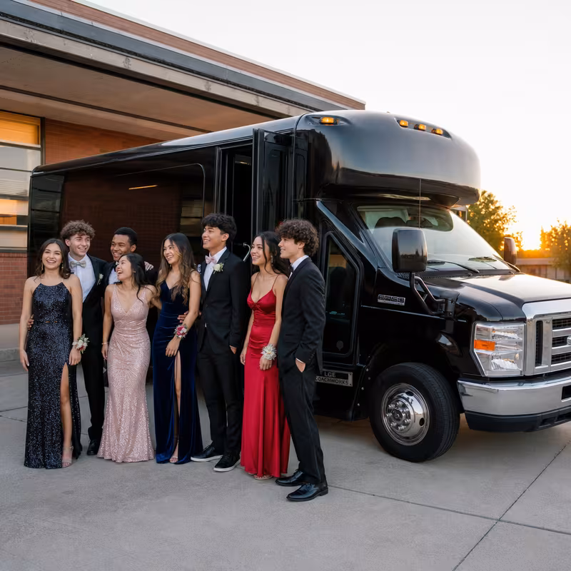 Group boarding a white charter bus for Prom & Homecoming Transportation transportation in Orange