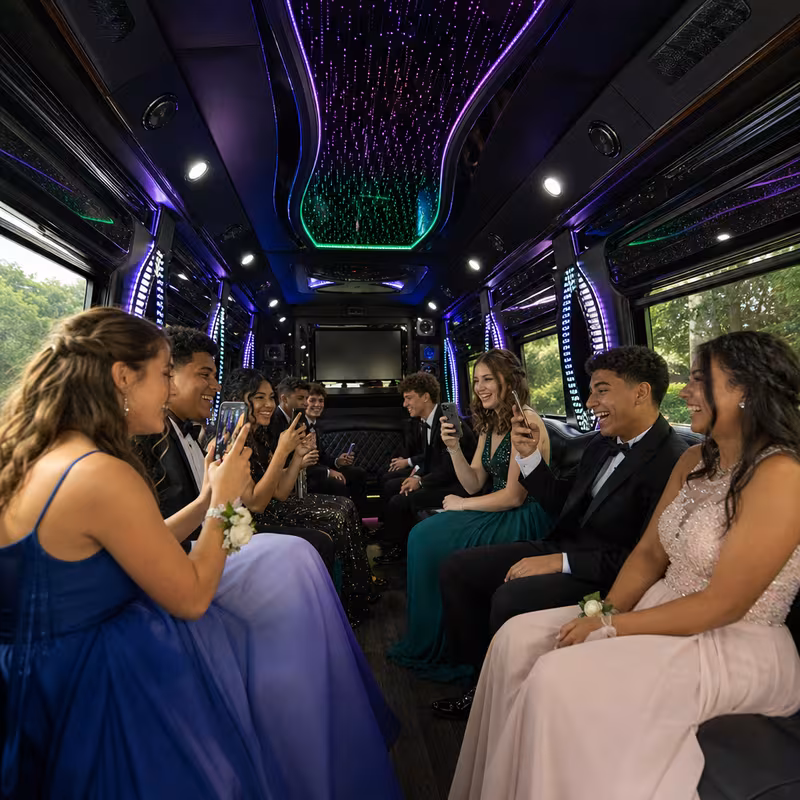 Black Mercedes Sprinter van staged for an Orange Prom & Homecoming Transportation group